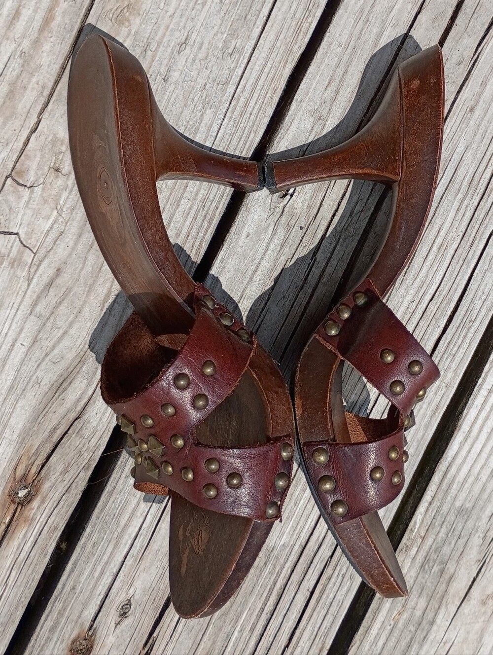 Slaislinnk Leather Upper Wooden Sandal Women Sz 7.5 M Made in Italy Brown Heels - Picture 3 of 11